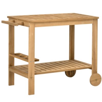 Desserte de jardin - desserte pour plancha - étagère, 3 porte-bouteilles, 2 roues, poignée - bois sapin pré-huilé