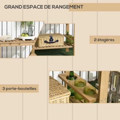 Desserte de jardin - desserte pour plancha - étagère, 3 porte-bouteilles, 2 roues, poignée - bois sapin pré-huilé