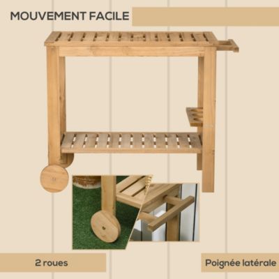 Desserte de jardin - desserte pour plancha - étagère, 3 porte-bouteilles, 2 roues, poignée - bois sapin pré-huilé