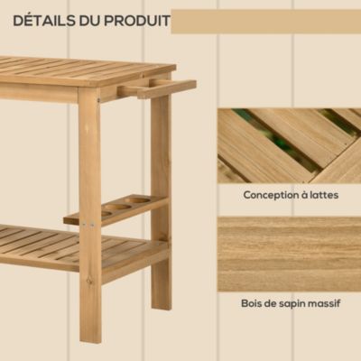 Desserte de jardin - desserte pour plancha - étagère, 3 porte-bouteilles, 2 roues, poignée - bois sapin pré-huilé