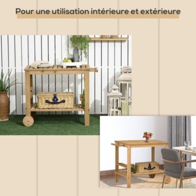Desserte de jardin - desserte pour plancha - étagère, 3 porte-bouteilles, 2 roues, poignée - bois sapin pré-huilé
