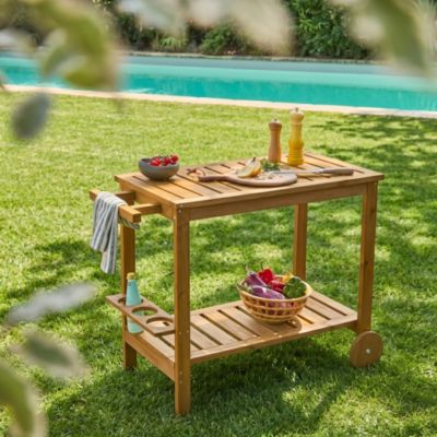 Desserte extérieure 95 cm en bois avec roues et poignée. Bois naturel. L 95 x l 47 x h 74cm