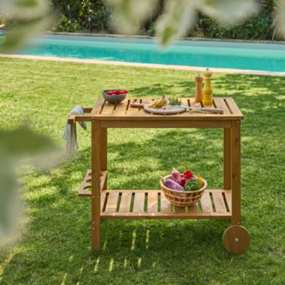 Desserte extérieure 95 cm en bois avec roues et poignée. Bois naturel. L 95 x l 47 x h 74cm