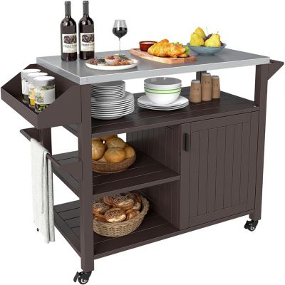 Desserte Exterieur Plancha à roulettes,avec Plan de Travail en Acier INOX, Étagères, Porte-Épices,116x50x87CM (116x50x87CM)