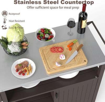 Desserte Exterieur Plancha à roulettes,avec Plan de Travail en Acier INOX, Étagères, Porte-Épices,116x50x87CM (116x50x87CM)