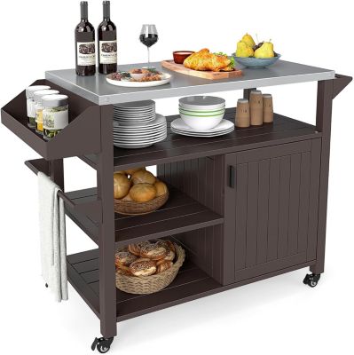 Desserte Exterieur Plancha à roulettes,avec Plan de Travail en Acier INOX, Étagères, Porte-Épices,116x50x87CM (116x50x87CM)
