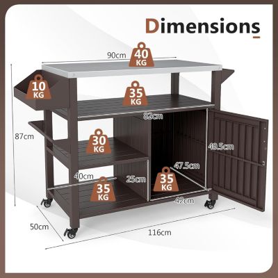 Desserte Exterieur Plancha à roulettes,avec Plan de Travail en Acier INOX, Étagères, Porte-Épices,116x50x87CM (116x50x87CM)