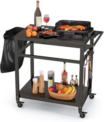 Desserte Jardin,Chariot de Barbecue avec 4 Roues Verrouillables,Plancha avec 4 Crochets et Étagère,111x50,5x93CM,Charge 50KG
