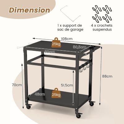 Desserte Jardin,Chariot de Barbecue avec 4 Roues Verrouillables,Plancha avec 4 Crochets et Étagère,111x50,5x93CM,Charge 50KG