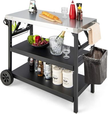 Desserte Jardin Chariot de Barbecue Mobile a 3 Niveaux Etagere reglable Support Porte epices Porte Serviettes Crochets