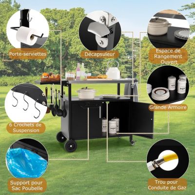 Desserte Mobile Barbecue 3 Niveaux - Plan De Travail Inox - Roues - 127x50x84cm - Porte-serviettes - 100kg Charge