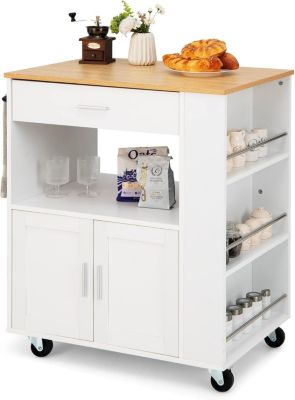 Desserte Îlot de Cuisine Desserte à roulettes Chariot de Cuisine en Bois avec Placard Blanc