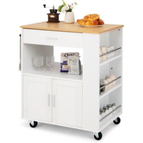 Desserte Îlot de Cuisine Desserte à roulettes Chariot de Cuisine en Bois avec Placard Blanc
