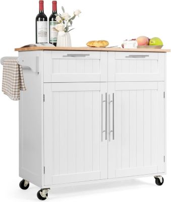 Desserte Îlot de Cuisine Desserte à roulettes Chariot de Cuisine en Bois avec Placard Étagère 3 Niveaux Réglables Blanc