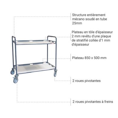 Desserte pour cantine - 2 plateaux 1000x600 mm - 880008991/RAL7024
