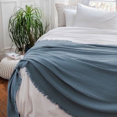 Dessus de lit 230x250 cm BREHAT 100% gaze de coton bleu orage