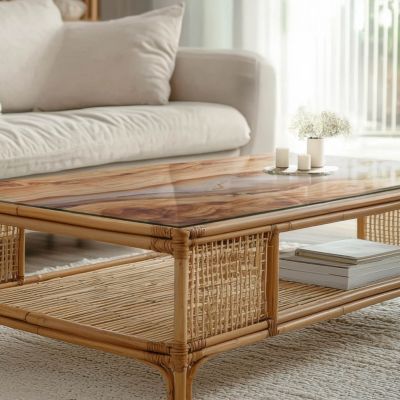 Dessus de table en verre trempé Wallfluent 120x80 cm Bois naturel avec résine