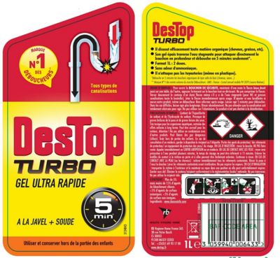 Destop Gel Turbo Déboucheur Canalisation et Desinfectant , 5 min - Produit  Canalisation Lot de 4 x 1L