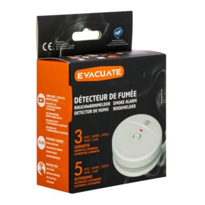 Détecteur de fumée optique Evacuate EVA033534 normes EN 14604 : 2005+ AC 2008 et NF DAAF fonctionne avec 1 pile 9V (6LR61)