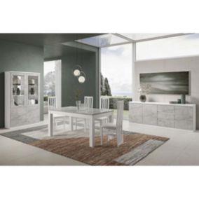 DEYTON - Ensemble Séjour Complet Blanc et Gris Marbré Table 138cm + Buffet + Vitrine avec Leds