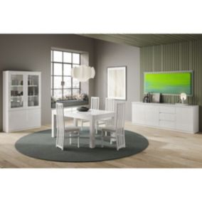 DEYTON - Ensemble Séjour Complet Laqué Blanc Table 160cm + Buffet + Vitrine avec Leds