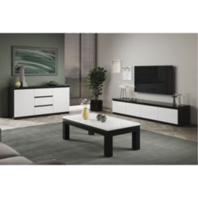 DEYTON - Ensemble Salon Laqué Noir et Blanc Meuble TV 4 Portes + Table Basse 138cm + Buffet