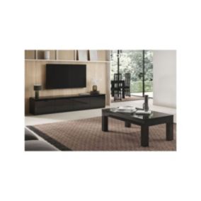 DEYTON - Ensemble Salon Laqué Noir Meuble TV 4 Portes + Table Basse 138cm