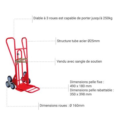 Diable 3 roues pliant charge 250kg - Roues caoutchouc - 810212030