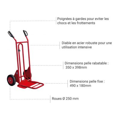Diable bavette pliante et fixe 250kg - Roues caoutchouc - 810202020