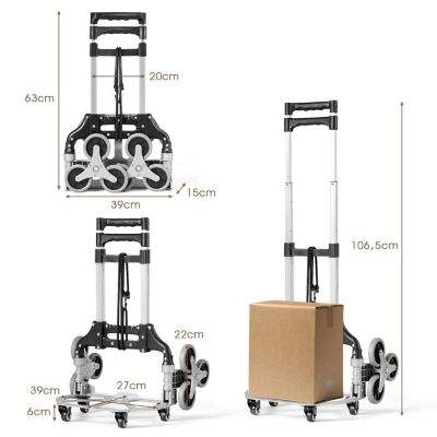 Diable Pliable 3 Roues en Aluminium Chariot Escalier avec Corde de Fixation Poignee Telescopique en 3 Positions