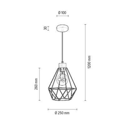 Diament Lampe Suspendue 1xE27 Max.60W Chêne Huilé/Métal Noir/Câble PVC Noir