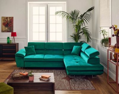 Dimas - canapé d'angle droit 5 places - convertible avec coffre et têtières réglables - en velours - Best Mobilier