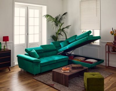 Dimas - canapé d'angle droit 5 places - convertible avec coffre et têtières réglables - en velours - Best Mobilier