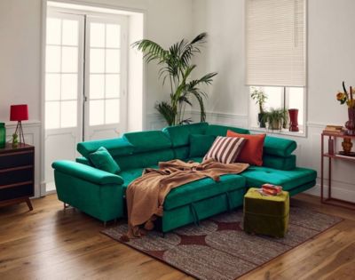Dimas - canapé d'angle droit 5 places - convertible avec coffre et têtières réglables - en velours - Best Mobilier