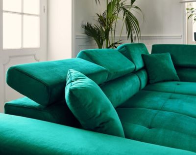Dimas - canapé d'angle droit 5 places - convertible avec coffre et têtières réglables - en velours - Best Mobilier