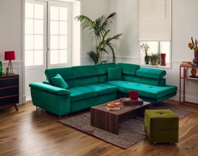 Dimas - canapé d'angle droit 5 places - convertible avec coffre et têtières réglables - en velours - Best Mobilier