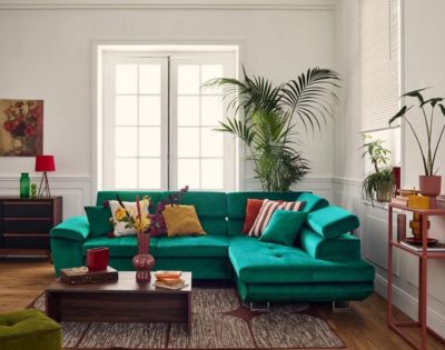 Dimas - canapé d'angle droit 5 places - convertible avec coffre et têtières réglables - en velours - Best Mobilier