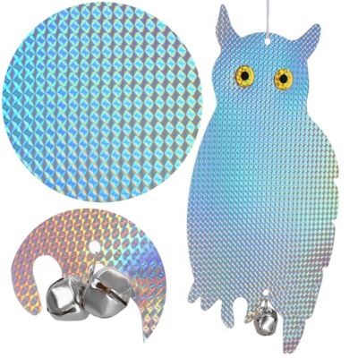 Dispositif anti-oiseaux avec cloche, hologramme et hibou suspendu réfléchissant