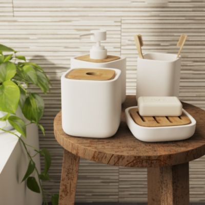 Distributeur de savon en céramique et bambou, blanc, GoodHome Cervia