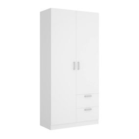 Dmotta Armoire, Cintre pour chambre à coucher, Armoire avec 2 portes battantes et 2 tiroirs, 100x52h215 cm, Blanc