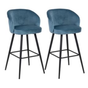 DOLCE - Lot de 2 Tabourets Velours Bleu Piètement Métal Noir