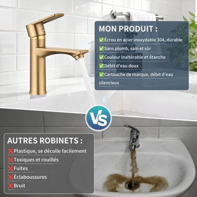 Mitigeur Lavabo Rea Lungo Gold – Robinet Vasque à Poser Or Laiton – Salle De Bain Chic Avec Diffuseur Aéré Anti-Éclaboussures