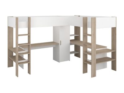 Double lit mezzanine d'angle 2 x 90 x 200 cm - Avec rangements et bureaux - Blanc et naturel - LASCANO