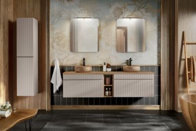 Double meuble de salle de bain à suspendre ICONIC CASHEMIRE 120 cm avec le plan 140 cm et l'extension 20 cm chêne evoke