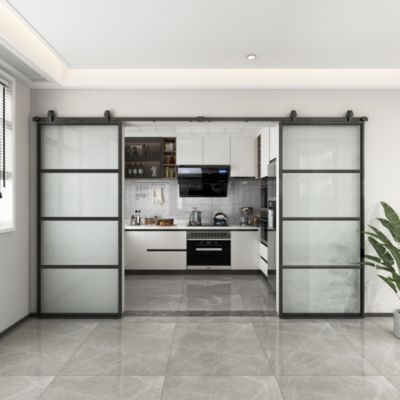 Double porte coulissante complète verre Schulte - 180x215 - porte vitrée - décor industriel noir - système ouvert