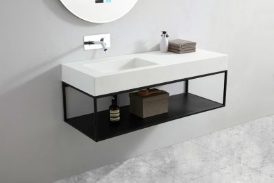 Double Vasque murale fonte minérale Blanc mat avec bonde + console salle de bain noire mat (111x45x25cm), 111x45x12 cm, BA8014