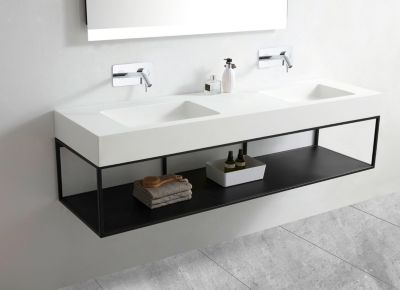 Double Vasque murale fonte minérale Blanc mat avec bonde + console salle de bain noire mat (163x45x25cm), 163x45x12 cm, BA8016