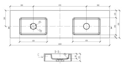 Double Vasque murale fonte minérale Blanc mat avec bonde + console salle de bain noire mat (163x45x25cm), 163x45x12 cm, BA8016