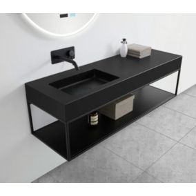 Double Vasque murale fonte minérale Quartz noir avec bonde + console salle de bain noire mat (111x45x25cm), 111x45x12 cm, BA8014