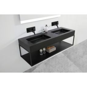 Double Vasque murale fonte minérale Quartz noir avec bonde + console salle de bain noire mat (163x45x25cm), 163x45x12 cm, BA8016